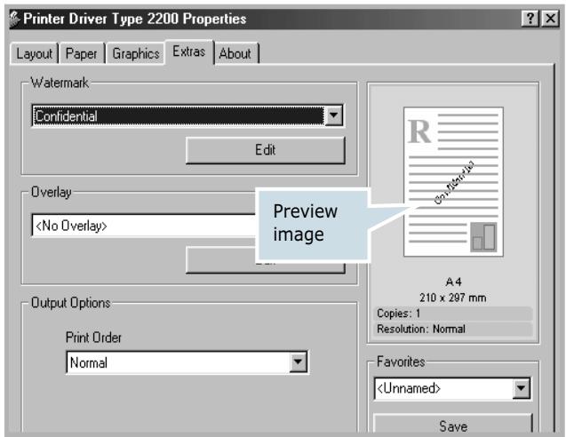 Printer Driver Type 2200 Properties Layout Paper Graphics Extras About Watermark Confidential Edit Overlay Output Options Print Order Normal Preview image A4 210 x 297 mm Copies: 1 Resolution: Normal Favorites Save