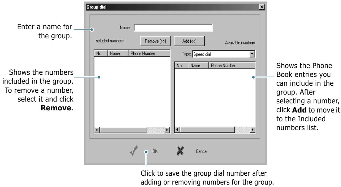 Group dial Enter a name for the group. Name: Included numbers: Remove (>) Add (