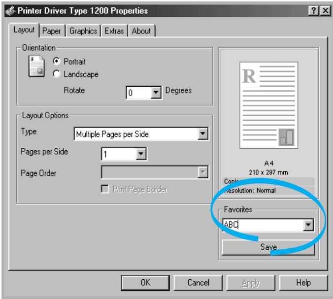 Printer Driver Type 1200 Properties Layout Paper Graphics Extras About Orientation Portrait Landscape Rotate 0 Degrees Layout Options Type Multiple Pages per Side Pages per Side 1 Page Order Print Page Border A4 210 x 297 mm Cont: Resolution: Normal Favorites ABC Save OK Cancel Apply Help