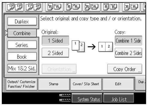 RICOH PRO 906EX - Select [1 Sided] or [2 Sided] for Original, and then press [Combine 2 Sides] for Copy. - 1