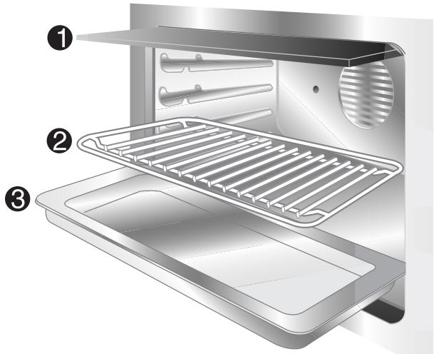 Diagram of a microwave oven with labeled parts including tray, grating, and ventilation slots