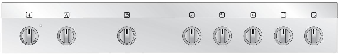 Control panel with labeled buttons and rotary switches, showing various function keys and icons