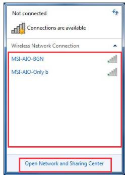 Not connected Connections are available Wireless Network Connection MSI-AJO-BGN MSI-AJO-Only b Open Network and Sharing Center
