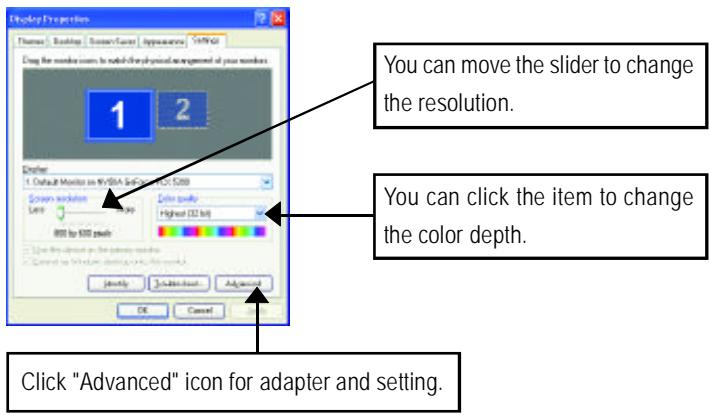 GIGABYTE GV-NX53128D - Settings (Resolutions and Color depth for windows) - 1