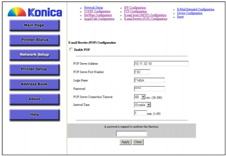 KONICA MINOLTA 7145 NETWORK SCANNER - From the top menu, select E-mail Receive (POP) Configuration page. The E-mail Receive (POP) Configuration page opens. - 1