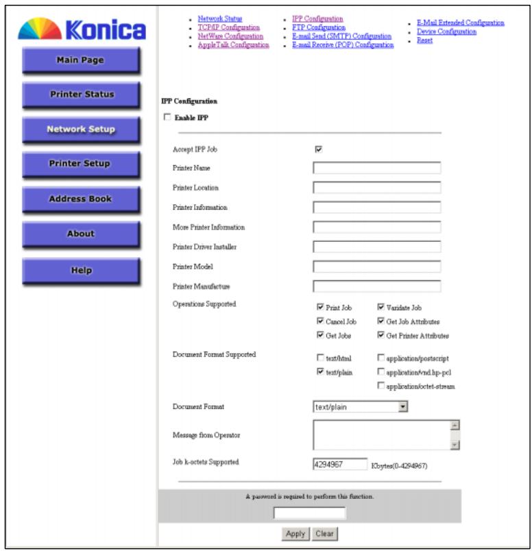 KONICA MINOLTA 7145 NETWORK SCANNER - From the top menu, select IPP Configuration. The IPP Configuration page opens. - 1
