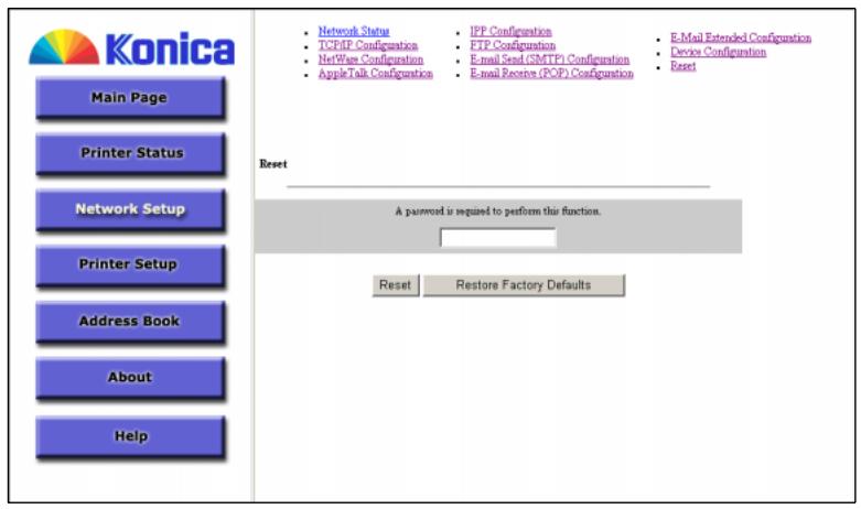 KONICA MINOLTA 7145 NETWORK SCANNER - From the top menu, select the Reset option. The Reset page opens. - 1
