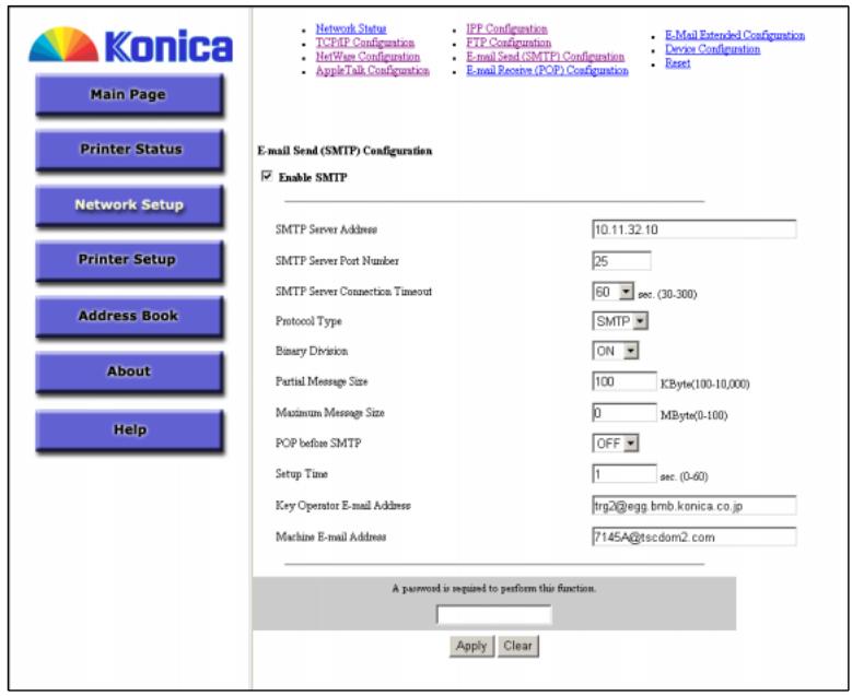 KONICA MINOLTA 7145 NETWORK SCANNER - From the top menu, select E-mail Send (SMTP) Configuration. The E-mail Send (SMTP) Configuration page opens. - 1