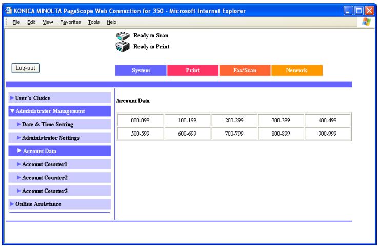 KONICA MINOLTA BIZHUB 250 PRINT - System tab - Administrator Management - Account Data - 1