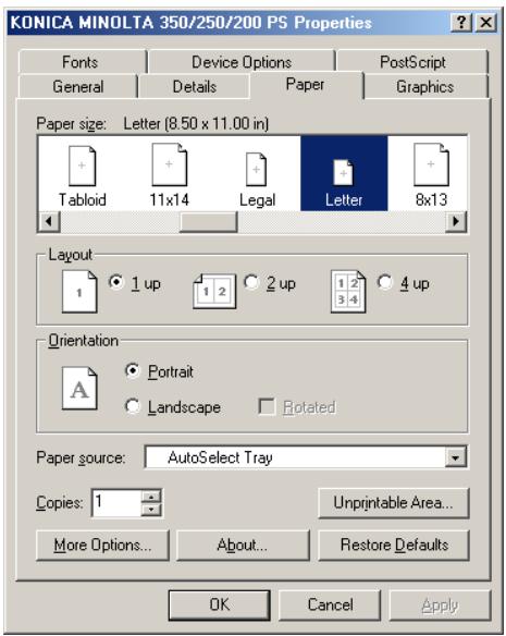 KONICA MINOLTA BIZHUB 250 PRINT - Click the Paper tab. - 1