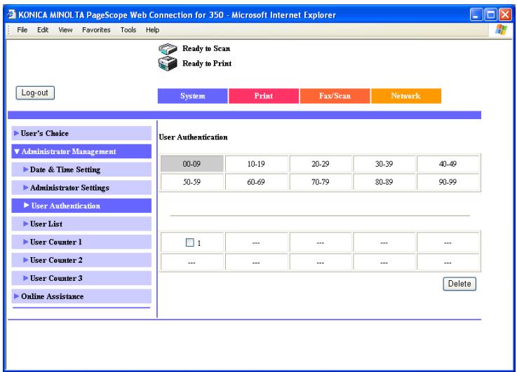KONICA MINOLTA BIZHUB 250 PRINT - System tab - Administrator Management - User Authentication - 1