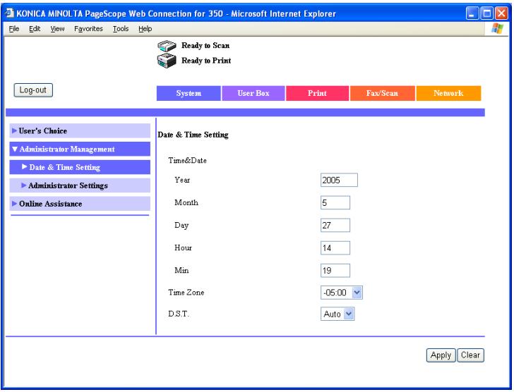KONICA MINOLTA BIZHUB 250 PRINT - System tab - Administrator Management - Date &amp; Time Setting - 1
