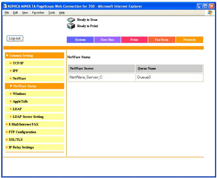 KONICA MINOLTA BIZHUB 250 PRINT - Network tab - Common Setting - NetWare Status - 1