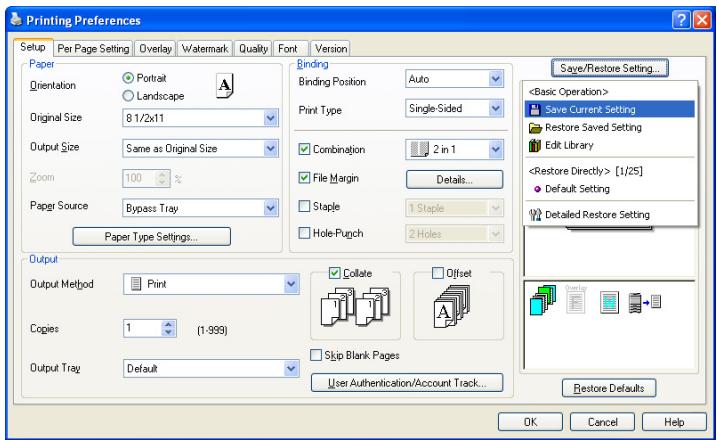 KONICA MINOLTA BIZHUB 250 PRINT - Saving the driver settings - 1