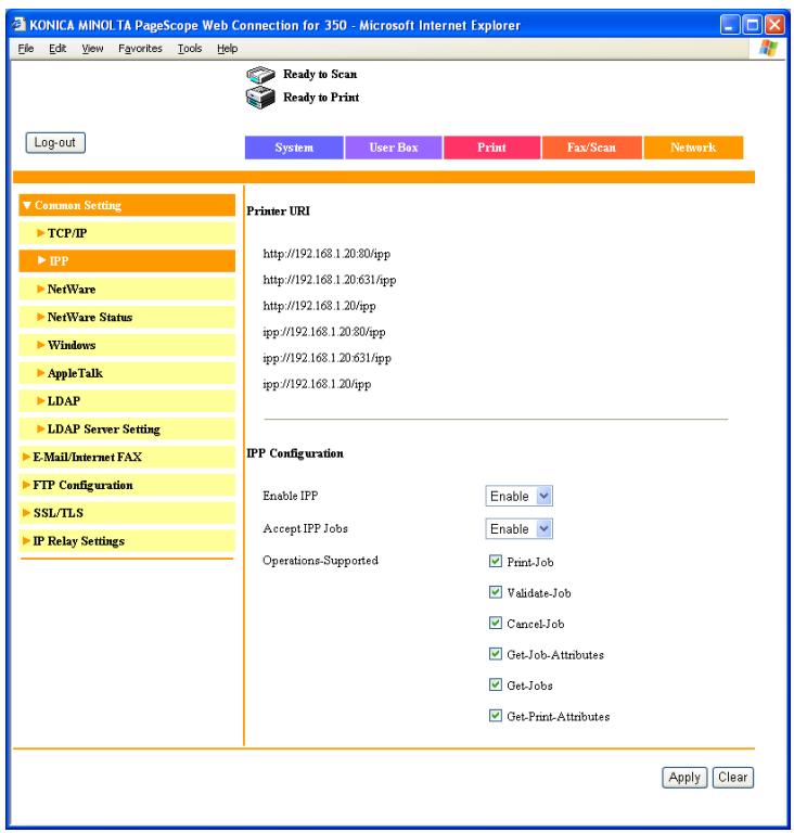 KONICA MINOLTA BIZHUB 250 PRINT - Network tab - Common Setting - IPP - 1