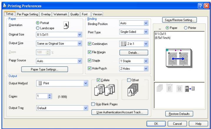 KONICA MINOLTA BIZHUB 250 PRINT - Specifying the Setup tab settings - 1