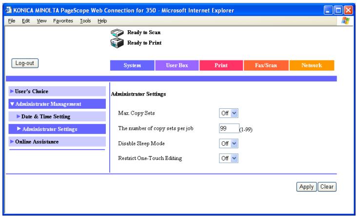 KONICA MINOLTA BIZHUB 250 PRINT - System tab - Administrator Management - Administrator Settings - 1