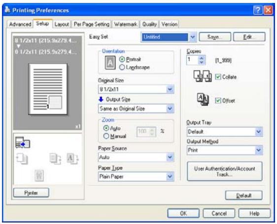KONICA MINOLTA BIZHUB 250 PRINT - Specifying the Setup tab settings - 1