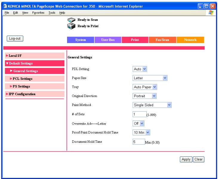 KONICA MINOLTA BIZHUB 250 PRINT - Print tab - Default Settings - General Settings - 1