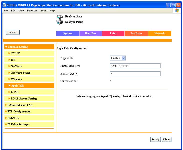 KONICA MINOLTA BIZHUB 250 PRINT - Network tab - Common Setting - AppleTalk - 1