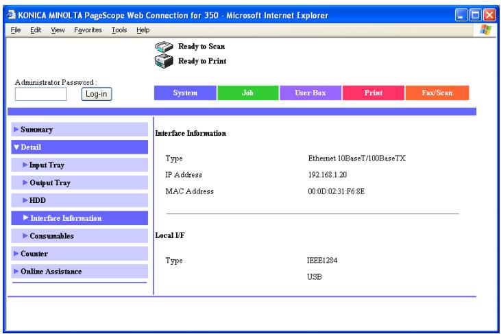 KONICA MINOLTA BIZHUB 250 PRINT - System tab - Detail - Interface Information - 1