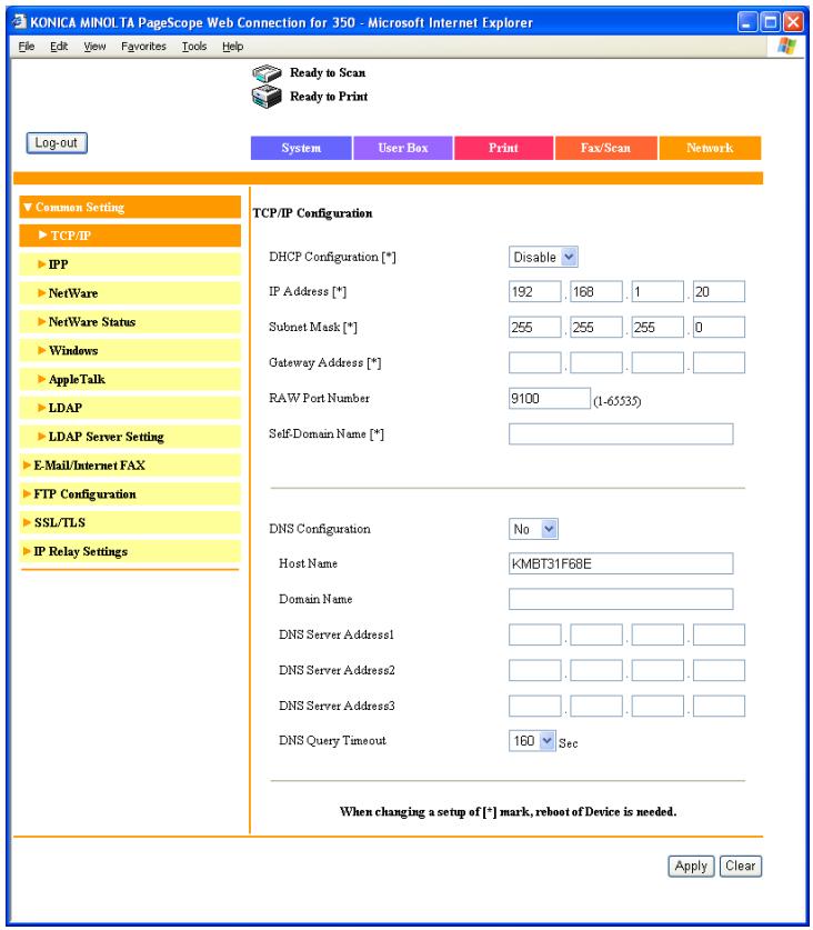 KONICA MINOLTA BIZHUB 250 PRINT - Network tab - Common Setting - TCP/IP - 1