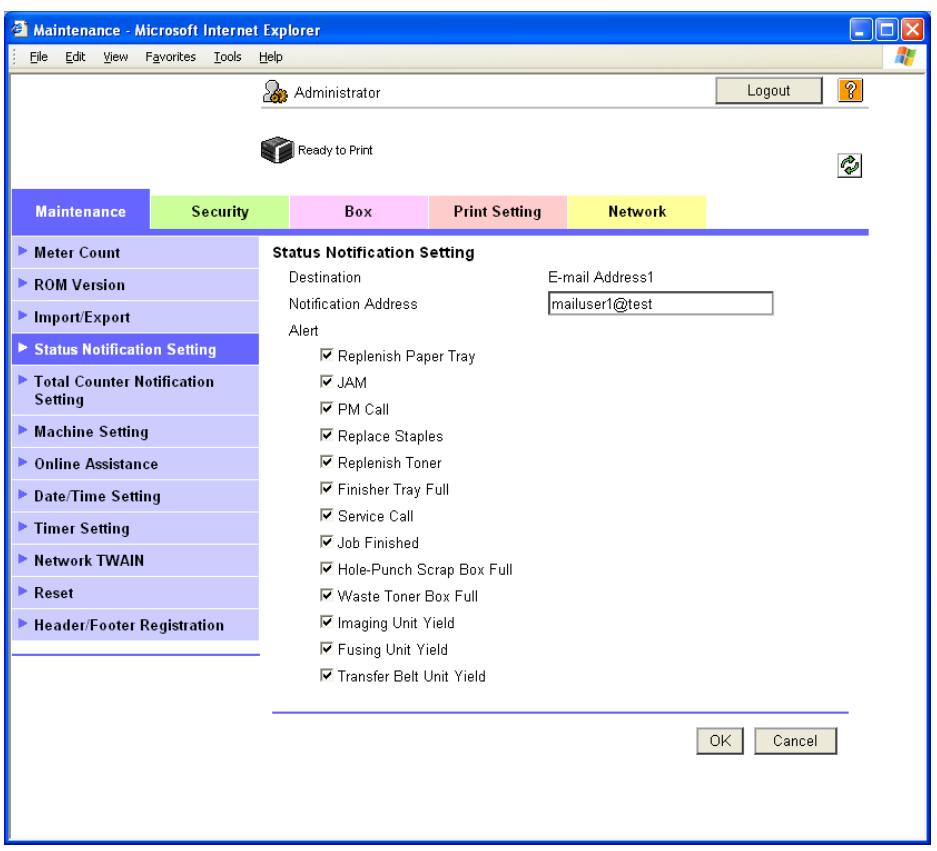 KONICA MINOLTA BIZHUB C353P - Status Notification Setting - 1