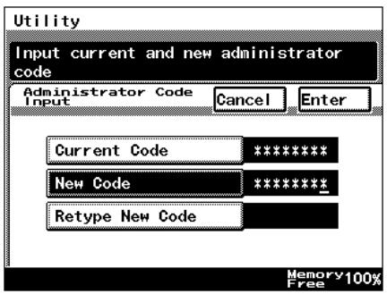 Utility Input current and new administrator code Administrator Code Input Cancel Enter Current Code ****** New Code ****** Retype New Code Memory 100% Free