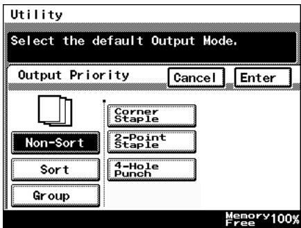 Utility Select the default Output Mode. Output Priority Cancel Enter Non-Sort Corner Staple Sort 2-Point Staple Group 4-Hole Punch Memory 100% Free