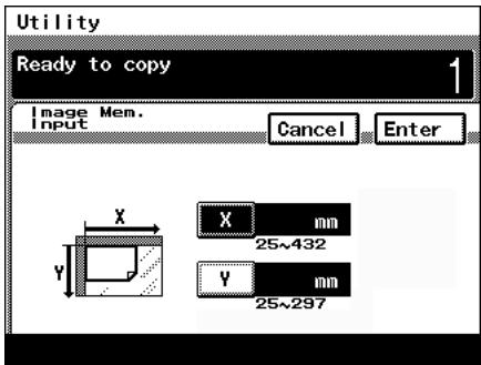 Utility Ready to copy 1 Image Mem. Input Cancel Enter X mm 25×432 Y mm 25×297