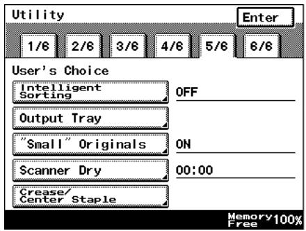 Utility Enter 1/6 2/6 3/6 4/6 5/6 6/6 User's Choice Intelligent Sorting OFF Output Tray "Small" Originals ON Scanner Dry 00:00 Crease/ Center Staple Memory 100% Free