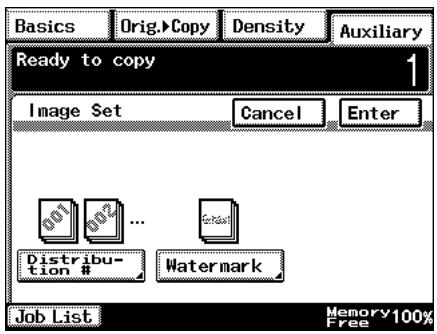 Basics Orig.>Copy Density Auxiliary Ready to copy 1 Image Set Cancel Enter 001 002 ... GriSal Distribution # Watermark Job List Memory 100% Free
