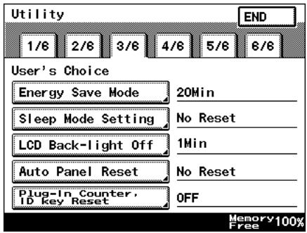 Utility 1/6 2/6 3/6 4/6 5/6 6/6 END User's Choice Energy Save Mode 20Min Sleep Mode Setting No Reset LCD Back-light Off 1Min Auto Panel Reset No Reset Plug-In Counter, ID key Reset OFF Memory 100% Free