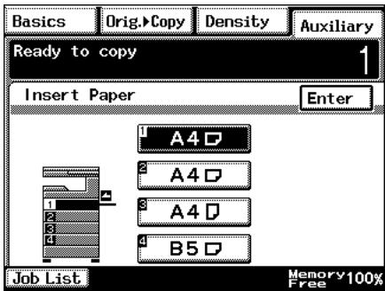 Basics Orig.→Copy Density Auxiliary Ready to copy 1 Insert Paper Enter A4 A4 A4 B5 Job List Memory 100% Free