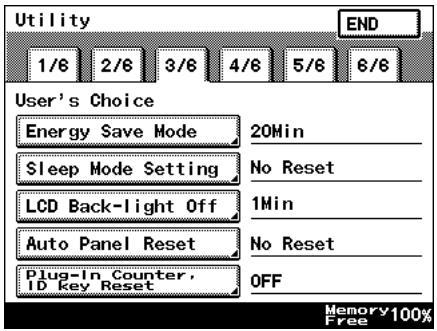 Utility 1/6 2/6 3/6 4/6 5/6 6/6 END User's Choice Energy Save Mode 20Min Sleep Mode Setting No Reset LCD Back-light Off 1Min Auto Panel Reset No Reset Plug-In Counter, ID key Reset OFF Memory Free 100%