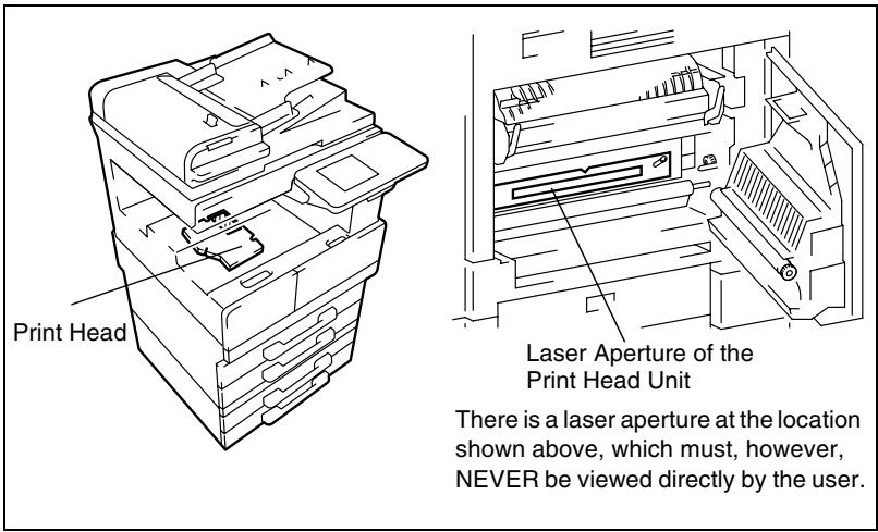Print Head Laser Aperture of the Print Head Unit There is a laser aperture at the location shown above, which must, however, NEVER be viewed directly by the user.