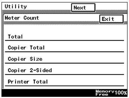 Utility Next Meter Count Exit Total Copier Total Copier Size Copier 2-Sided Printer Total Memory 100% Free