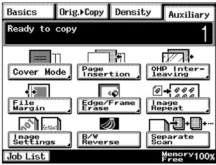 Basics Orig.>Copy Density Auxiliary Ready to copy 1 Cover Mode Page Insertion OHP Inter-leaving File Margin Edge/Frame Erase Image Repeat Image Settings B/V Reverse Separate Scan Job List Memory 100% Free