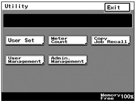 Utility Exit User Set Meter Count Copy Job Recall User Management Admin. Management Memory 100% Free
