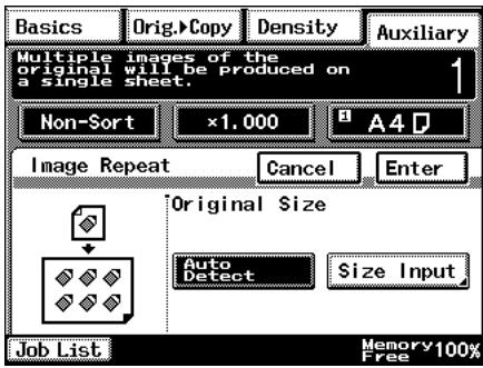 Basics Orig. Copy Density Auxiliary Multiple images of the original will be produced on a single sheet. 1 Non-Sort ×1,000 A4 Image Repeat Cancel Enter Original Size Auto Detect Size Input Job List Memory 100% Free