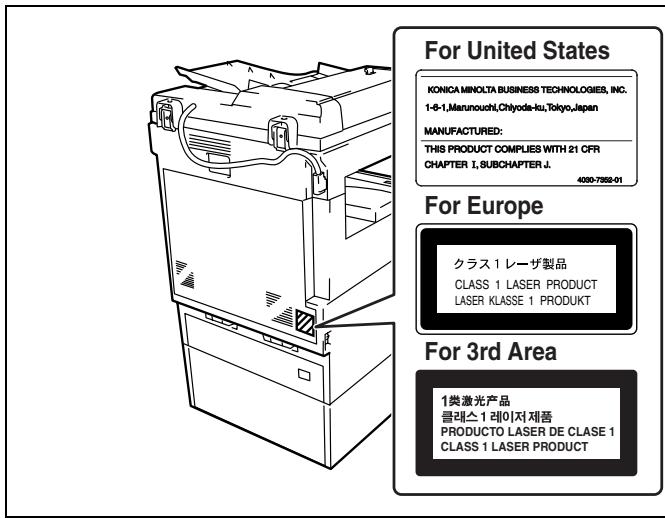 For United States KONICA MINOLTA BUSINESS TECHNOLOGIES, INC. 1-8-1,Manunouchi,Chiyoda-ku,Tokyo,Japan MANUFACTURED: THIS PRODUCT COMPLIES WITH 21 CFR CHAPTER I, SUBCHAPTER J. 4000-7592-01 For Europe クラス 1 レーザ製品 CLASS 1 LASER PRODUCT LASER KLASSE 1 PRODUKT For 3rd Area 1类激光产品 클래스 1 레이저제품 PRODUCTO LASER DE CLASE 1 CLASS 1 LASER PRODUCT
