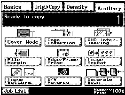 Basics Orig.►Copy Density Auxiliary Ready to copy 1 Cover Mode Page Insertion OHP Inter-leaving File Margin Edge/Frame Erase Image Repeat Image Settings B/W Reverse Separate Scan Job List Memory 100% Free