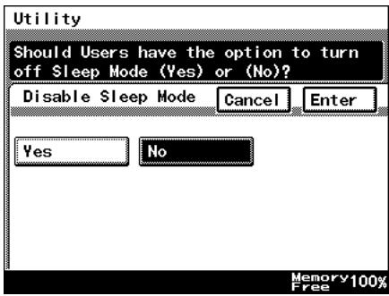 Utility Should Users have the option to turn off Sleep Mode (Yes) or (No)? Disable Sleep Mode Cancel Enter Yes No Memory 100% Free