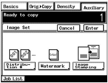 Basics Orig.>Copy Density Auxiliary Ready to copy 1 Image Set Cancel Enter 001 002 ... Distribution # Watermark Image Stamping Job List