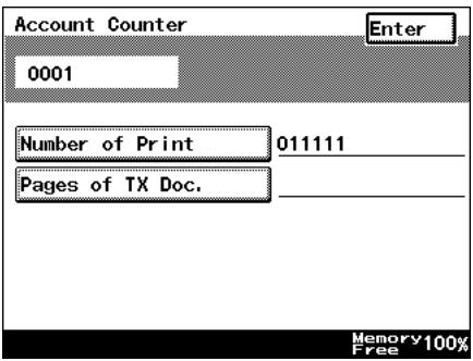 Account Counter 0001 Enter Number of Print 011111 Pages of TX Doc. Memory 100% Free