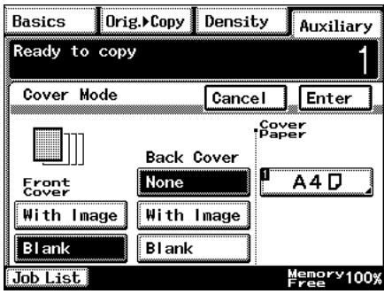 Basics Orig.>Copy Density Auxiliary Ready to copy 1 Cover Mode Cancel Enter Front Cover Back Cover None A4 D With Image With Image Blank Blank Job List Memory 100% Free