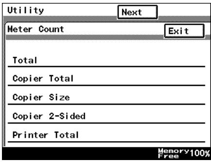 Utility Next Meter Count Exit Total Copier Total Copier Size Copier 2-Sided Printer Total Memory 100% Free