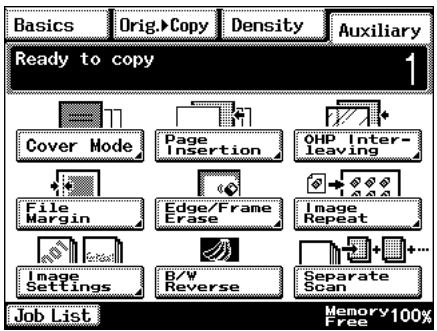 Basics Orig. Copy Density Auxiliary Ready to copy 1 Cover Mode Page Insertion OHP Inter-leaving File Margin Edge/Frame Erase Image Repeat Image Settings B/V Reverse Separate Scan Job List Memory 100% Free
