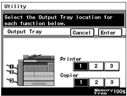 Utility Select the Output Tray location for each function below. Output Tray Cancel Enter Printer 1 2 3 Copier 1 2 3 Memory 100% Free