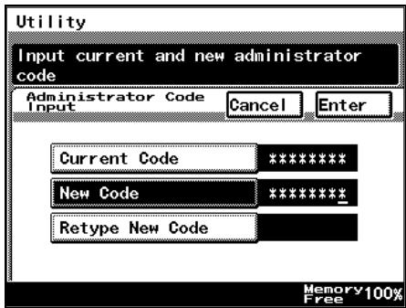 Utility Input current and new administrator code Administrator Code Input Cancel Enter Current Code ***** New Code ***** Retype New Code Memory 100% Free